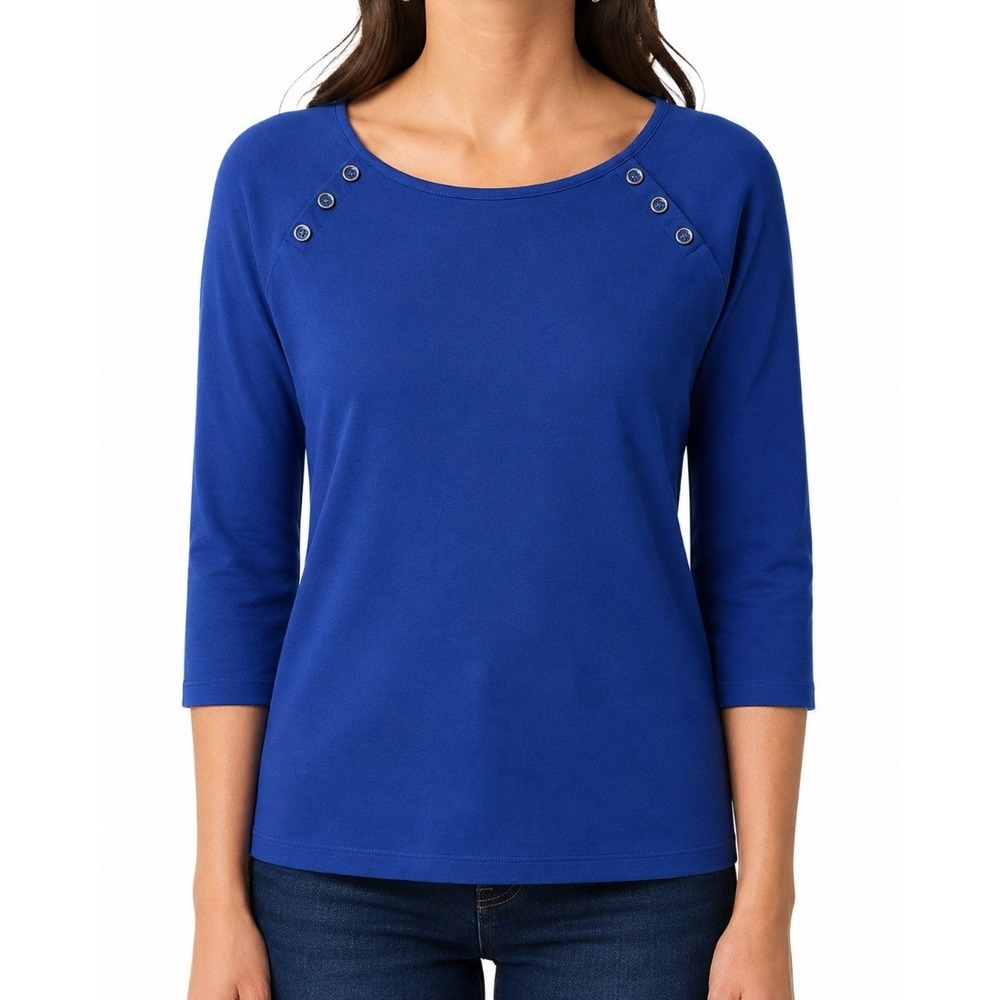 Talbots Womens Blue 100% Pima Cotton Scoop Neck Button Accent Top L